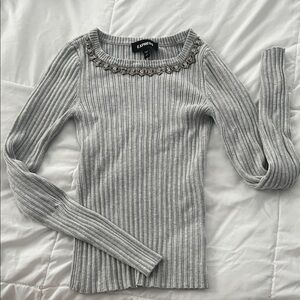Express Light Gray Embellished Ribbed Sweater